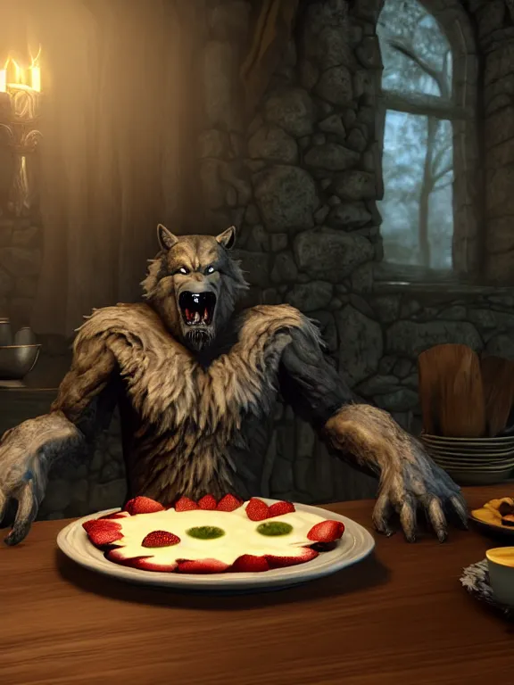 Image similar to cute handsome cuddly burly surly relaxed calm timid werewolf from van helsing sitting down at the breakfast table in the kitchen of a normal country home cooking having fun lighthearted whimsy whimsical baking strawberry tart cakes unreal engine hyperreallistic render 8k character concept art masterpiece screenshot from the video game the Elder Scrolls V: Skyrim