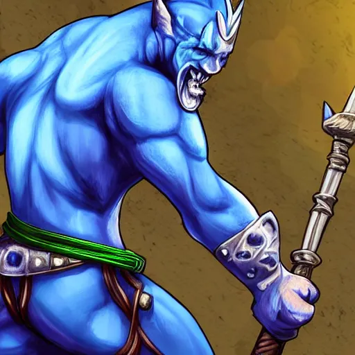 Image similar to Blue skinned fish person with green hair with a staff wearing leather armor, male, dungeons and dragons character, digital art