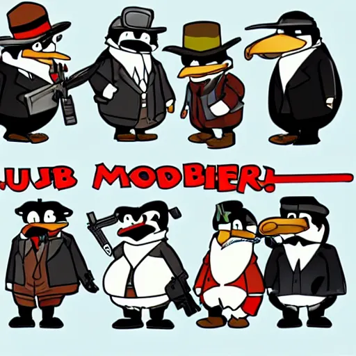 Prompt: club penguin mobsters with guns, scarface, the godfather, dark smoke, dystopian urban scene