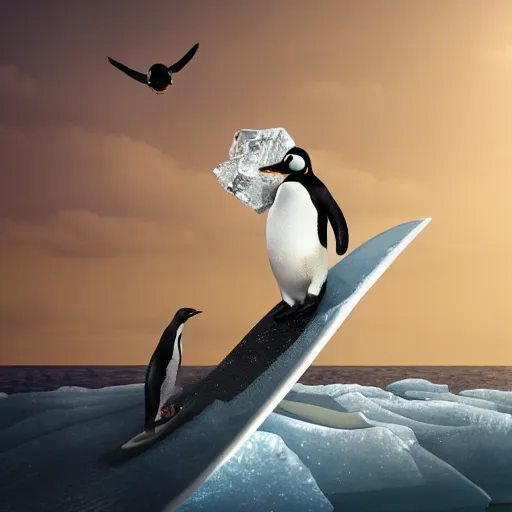 Image similar to penguin surfing on a big eave using an ice floe as surfboard, trending on artstation