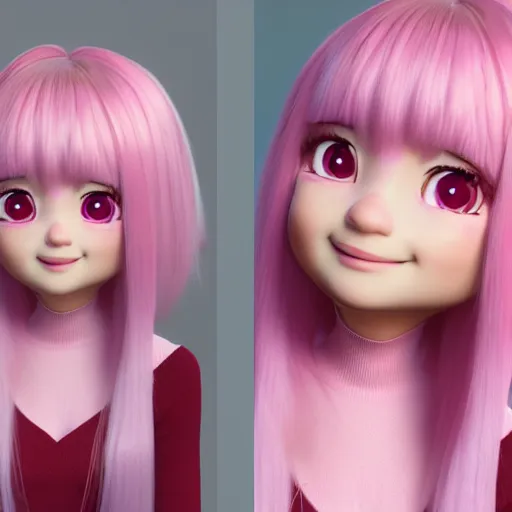 Image similar to A portrait of Nikki from Shining Nikki and Love Nikki, a cute 3d cgi toon young woman with long light pink hair, full bangs, hazel eyes, full face, light makeup, pale skin, Chinese heritage, cute outfit, medium shot, mid-shot, hyperdetailed, 8k, trending on artstation, as a Pixar character