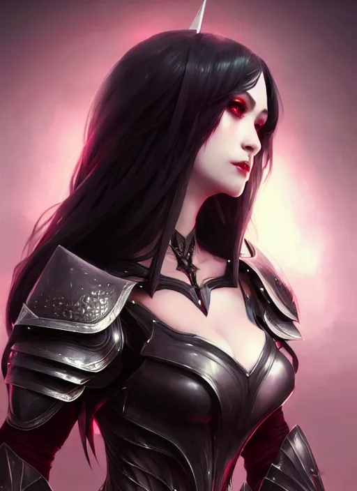 Image similar to full plate armor!!! beautiful and elegant dark hair female vampire!! gorgeous ayes!! character concept art, sharp focus, octane render! unreal engine 5! highly rendered!! trending on artstation!! detailed linework!! illustration by artgerm, wlop, and chie yoshii