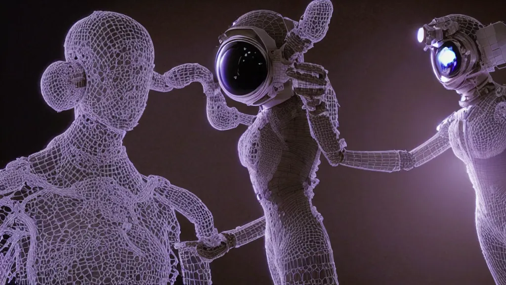 Image similar to a cybernetic symbiosis of a single astronaut eva suit infected with diamond 3d fractal lace iridescent bubble 3d skin covered with insectoid compound eye camera lenses floats through the living room, film still from the movie directed by Denis Villeneuve with art direction by Salvador Dalí, wide lens,