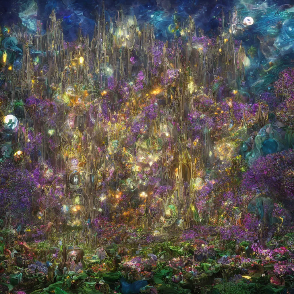 Image similar to a centered render of intricate modular synthesizer of alice in wonderland, shining its light across a tumultuous sea of flowers, undersea animals and gothic crystal church by dorothea tanning and salvador dali, trending on artstation, cyber punk, high contrast, unreal engine, high detailed, 8 k