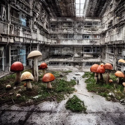 Image similar to beautiful dystopian deserted overgrown city mushroom people surviving