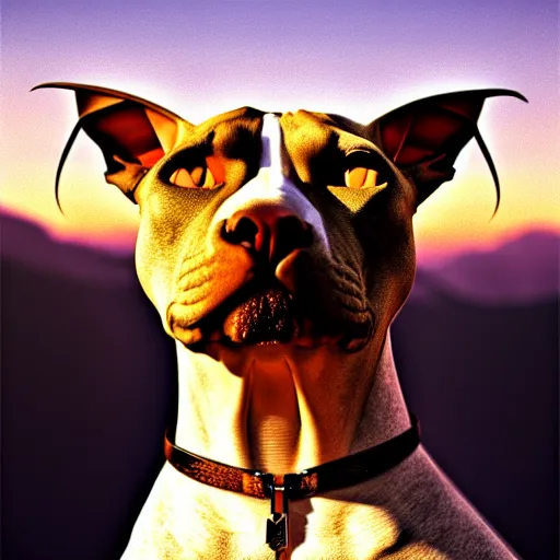 Image similar to Hybrid of a Pitbull and a sphinx cat, beautiful, golden hour, sharp focus, ultra detailed, cgsociety