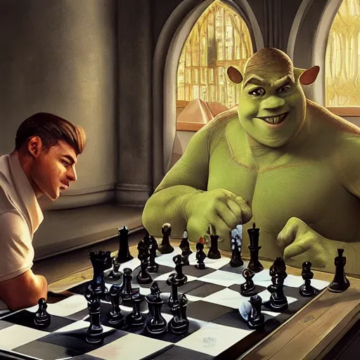 Cristiano Ronaldo Plays Chess with Shrek, intricate,, Stable Diffusion