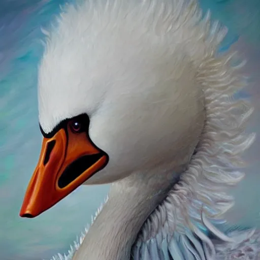 Prompt: hyperrealistic evil swan demon with long curly feathers, gritty horror oil painting, ultra detailed and disturbing