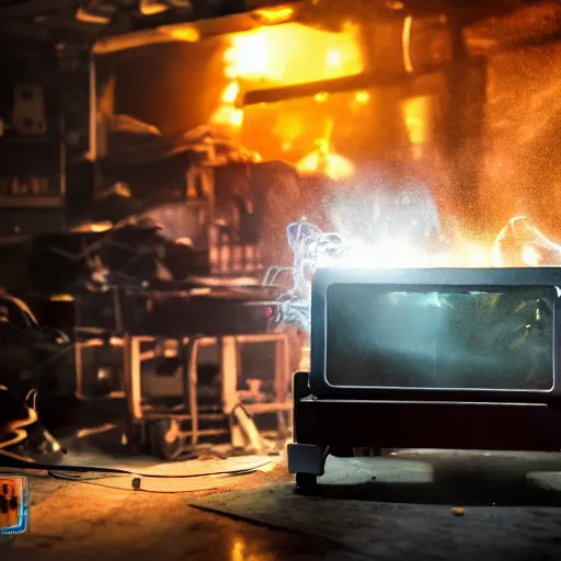 Image similar to cyborg toaster oven repairman, dark messy smoke - filled cluttered workshop, dark, dramatic lighting, orange tint, sparks, plasma rays, cinematic, highly detailed, sci - fi, futuristic, movie still