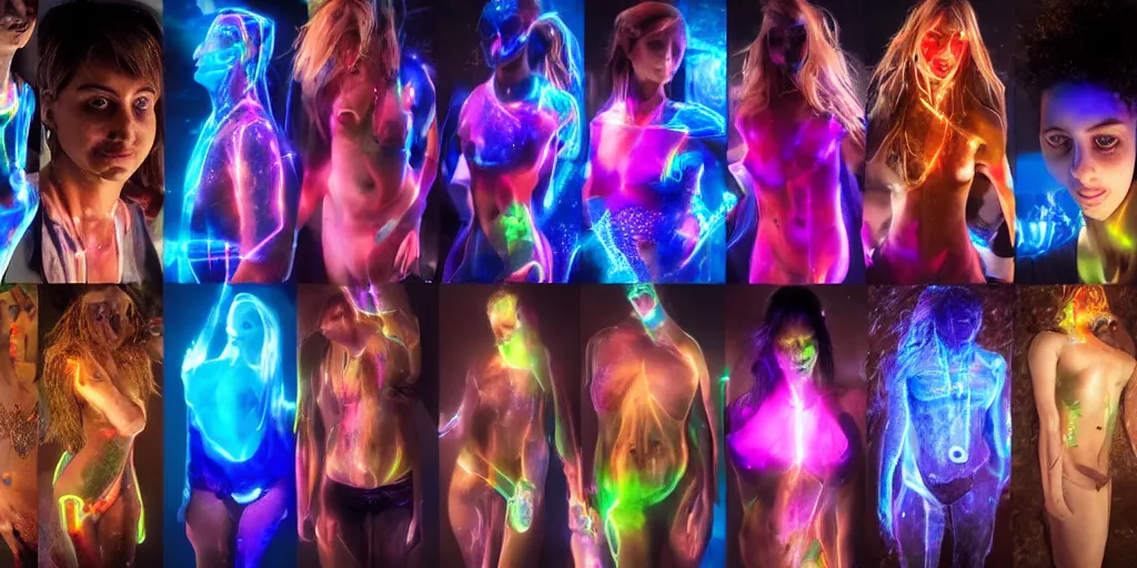 Image similar to diverse groups of humans with glowing electronic body implants projecting amazing 3D graphics, from behind, rebirth, beauty, wide angle, elaborate, wet, highly detailed, colors, beautiful lighting