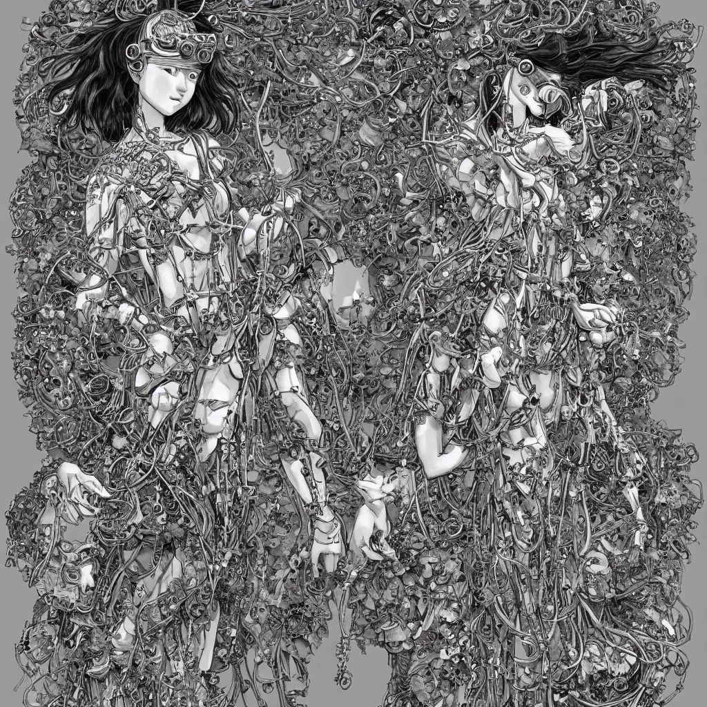 Prompt: goddess of the fields wearing a VR headset a necklace made out of bones holding a playstation controller in one hand and a knife in the other, in the style of James Jean and Hiroya Oku, manga, extremely detailed, ambient lighting, intricate penwork, beautiful, epic, 8k, 3d render