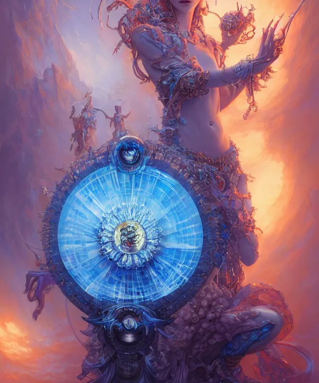 Image similar to beautiful evil fantasy blue crystal flower portrait, ultra realistic, sunset, wide angle, intricate details, the fifth element artifacts, highly detailed by peter mohrbacher, hajime sorayama, wayne barlowe, boris vallejo, aaron horkey, gaston bussiere, craig mullins