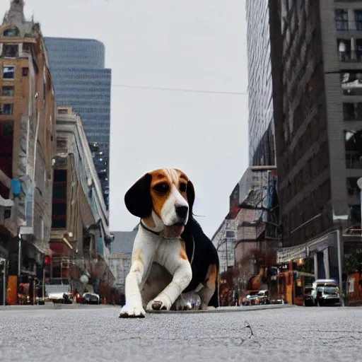 Image similar to photo of gigantic beagle dog over a city