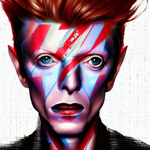 Prompt: An anime portrait of David Bowie, by Stanley Artgerm Lau, WLOP, Rossdraws, James Jean, Andrei Riabovitchev, Marc Simonetti, and Sakimichan, tranding on artstation with a blend of manga-style art, augmented with vibrant composition and color, all filtered through a cybernetic lens, studio lighting, lit by flashing pixel light