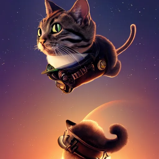 Image similar to A lazy steampunk cat jumping over the galaxy, digital illustration, concept art, 8k, trending on artstation