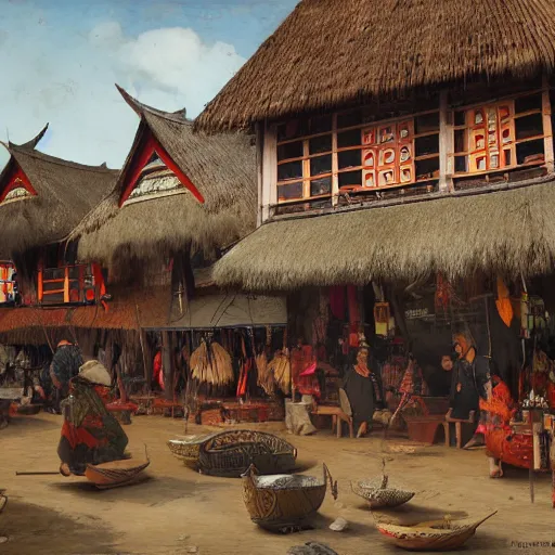 Image similar to architectural painting of Indonesian Maori Tlingit bazaar, by Bruegel and Greg Rutkowski and Nathan Jackson