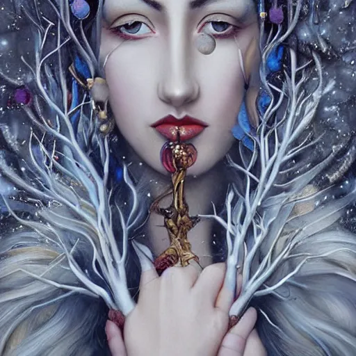 Prompt: dynamic composition, woman with white hair of ( thin winter tree branches )!! and ( holly branches ) wearing ornate earrings, ornate gilded details, wiccan, a surrealist painting by tom bagshaw and jacek yerga and tamara de lempicka and jesse king, featured on cgsociety, pop surrealism, surrealist, dramatic lighting, pre - raphaelite