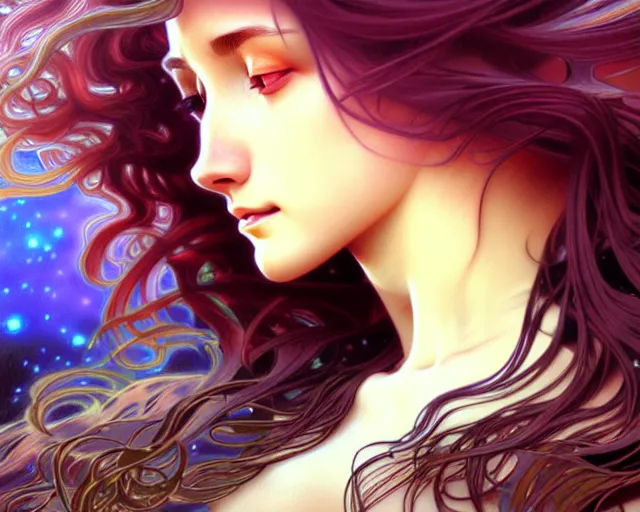 Image similar to overlord, psychedelic flowing hair, close eyes, portrait, highly detailed, deep focus, elegant, digital painting, smooth, sharp focus, illustration, ultra realistic, 8 k, art by artgerm and alphonse mucha