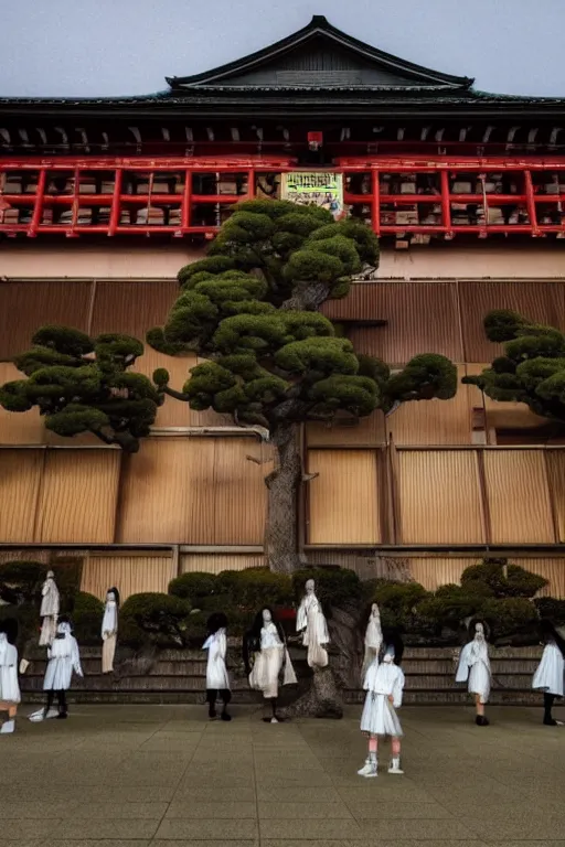 Image similar to a beautiful japanese high school with many ghosts and zombies and monsters at night