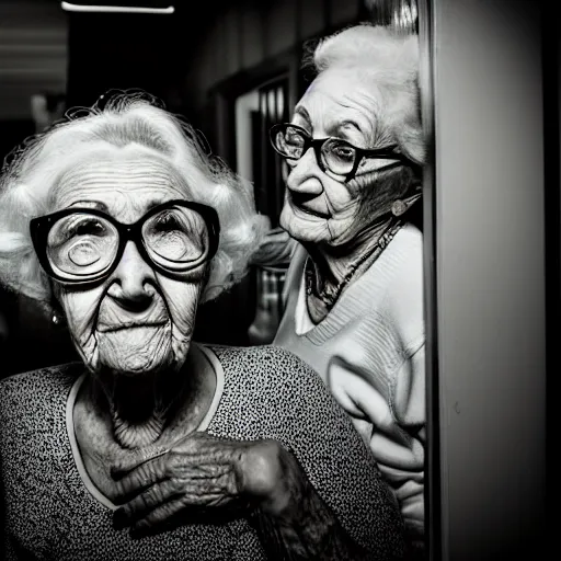 Image similar to photography of old people with highly detailed faces raving in retirement home.Dark room with neon light in style of Alexis Dibiasio.