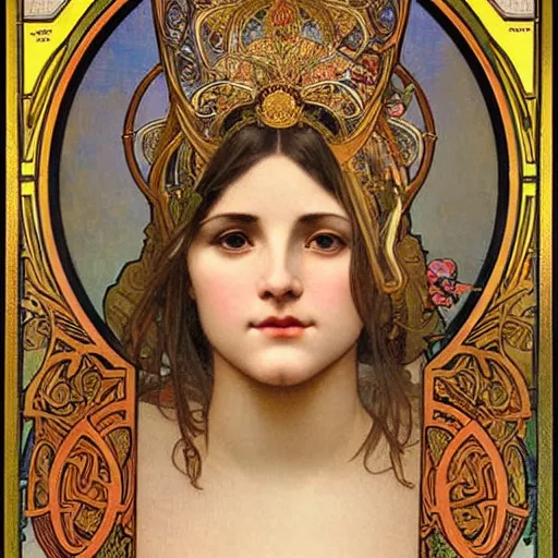 Prompt: realistic detailed face portrait of a beautiful young queen of the sacred lotus by Alphonse Mucha, Greg Hildebrandt, and Mark Brooks, gilded details, spirals, Neo-Gothic, gothic, Art Nouveau, ornate medieval religious icon