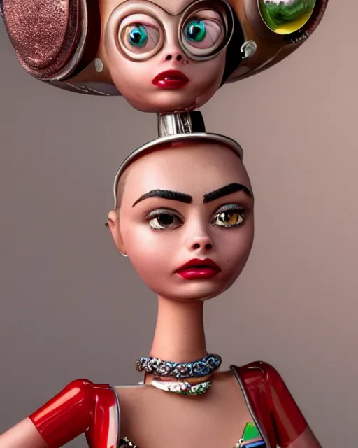 Image similar to closeup face profile portrait of a tin toy retro 1 9 5 0 s cara delevingne, bikini, depth of field, zeiss lens, fashion photoshoot by nicoletta ceccoli, mark ryden, lostfish, breathtaking, detailed and intricate environment, 8 k resolution, extremely detailed, beautiful, establishing shot, artistic, hyperrealistic, octane render