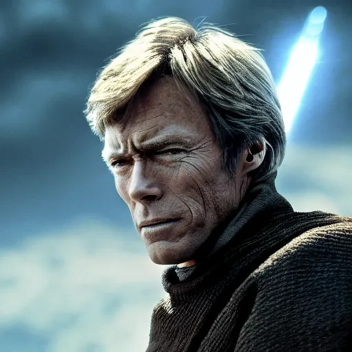 Image similar to clint eastwood as luke skywalker, 4 k, epic, cinematic, focus, movie still, fantasy, serious, extreme detail, atmospheric, dark colour