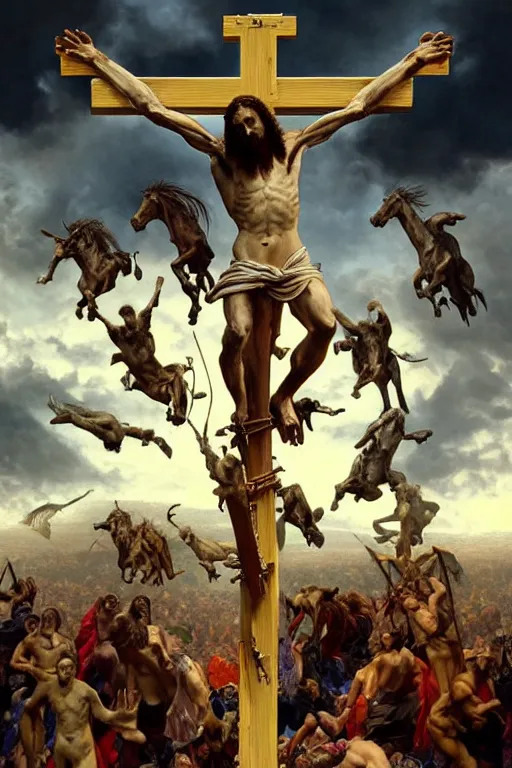 Prompt: realistic photo of the apocalypse, in the center of the image christ crucified and dismembered by demons, in the heavens horsemen of the apocalypse wreak havoc, deep focus, intricate, elegant, highly detailed, digital painting, art station, concept art, matte, sharp focus, illustration, art by artgerm and greg rutkowski and alphonse mucha