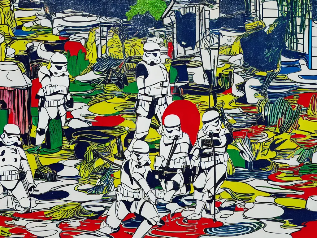 Image similar to close - up image of a japanese house with a pond, stormtroopers sitting around it, in style of pop - art, andy warhol, roy lichtenstein, jackie tsai, bright palette, acrylic on canvas