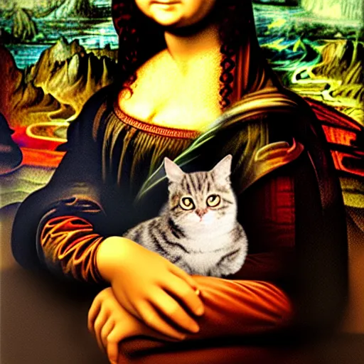 Image similar to the mona lisa with a cat for a face