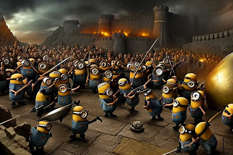 Image similar to diorama of minions fighting orcs in the battle of helm's deep, giant castle walls, realistic, 4 k, detailed, atmospheric, cinematic lighting