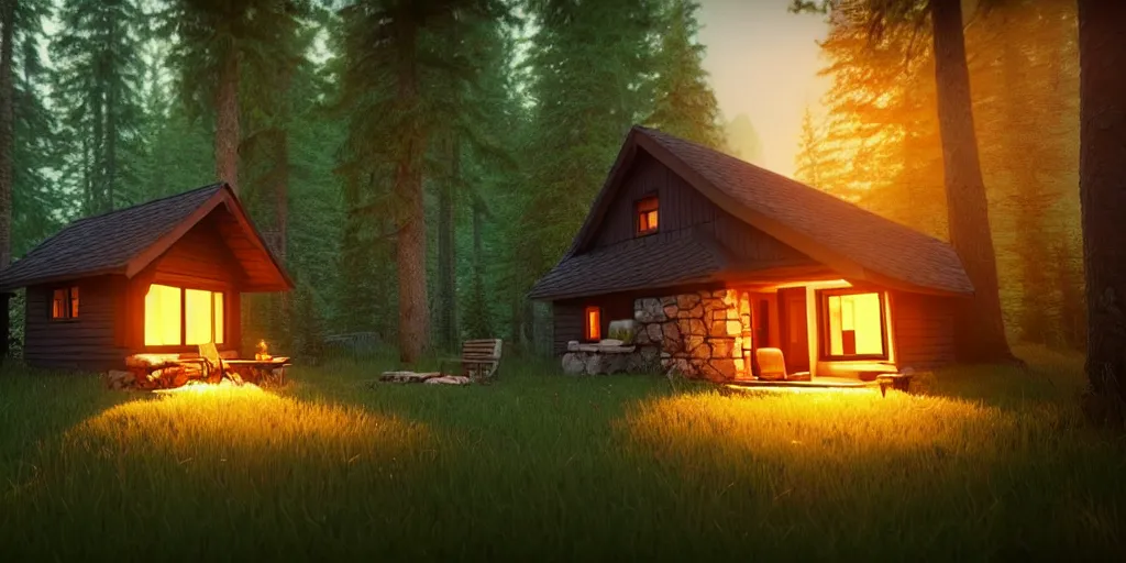 Prompt: a cozy little house in the woods, relaxing, 3 d concept art by philipp urlich, chill, relaxing, peaceful, sunset, extremely detailed art, unreal engine 5, hyper realism