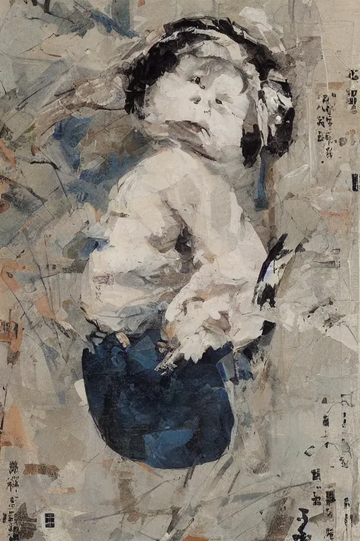 Prompt: painterly warped wadded knotted heap, dull grey expressionism, masterful rendering masterpiece mural chibi portrait entitled innocence by yoshitomo nara
