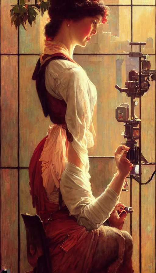 Image similar to hyper realistic photographer looking through camera, magical, painted by james gurney, norman rockwell, tom bagshaw, mucha, gaston bussiere, craig mullins, j. c. leyendecker 8 k