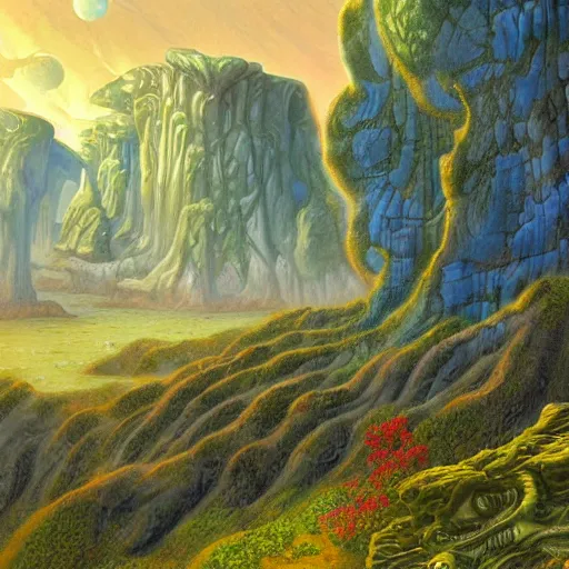 Image similar to digital painting of a lush natural scene on an alien planet by gerald brom. digital render. detailed. beautiful landscape. colourful weird vegetation. cliffs and water.