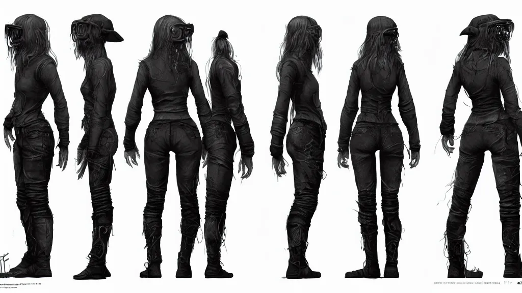 Prompt: character sheet for a long haired beautiful realistic female for futuristic modern baggy dark grey jacket oakley glasses baseball hat dystopian mad max like fashion brand hamcus on an alien planet, impact by craig mullins, trending on artstation, trending on behance,, hd, 8 k, masterpiece