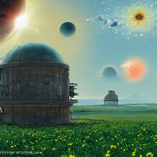 Prompt: ruined observatory on planet surface on sun flower field, sci-fi, cover, matte painting