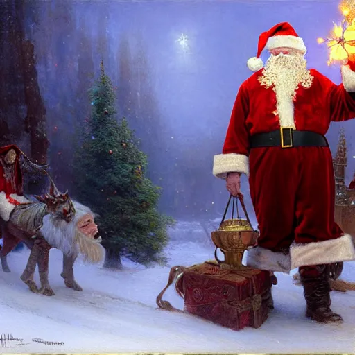 Image similar to stellan skarsgard as a fantasy style santa claus wizard, highly detailed painting by gaston bussiere, craig mullins, j. c. leyendecker, 8 k