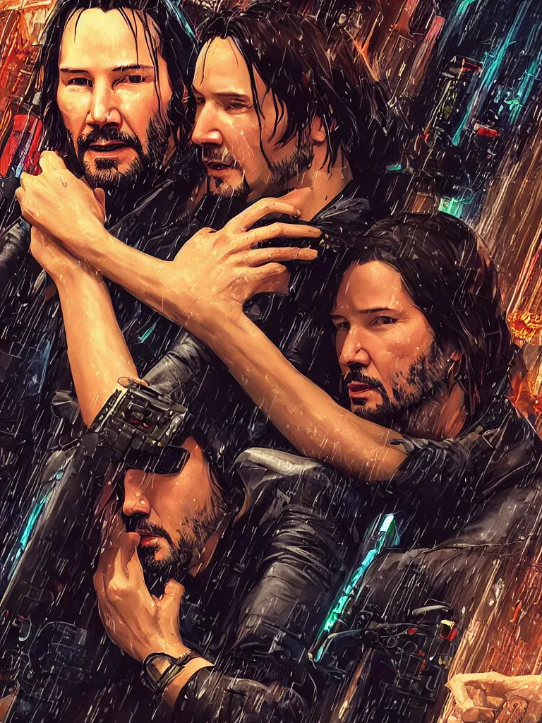 Image similar to a movie srcreenshot couple portrait of Keanu Reeves and V final kiss in cyberpunk 2077,love,film lighting,by Laurie Greasley,Lawrence Alma-Tadema,Andrei Riabovitchev,Dan Mumford,John Wick,Speed,Replicas,artstation,deviantart,FAN ART,full of color,Digital painting,face enhance,highly detailed,8K,octane,golden ratio,cinematic lighting