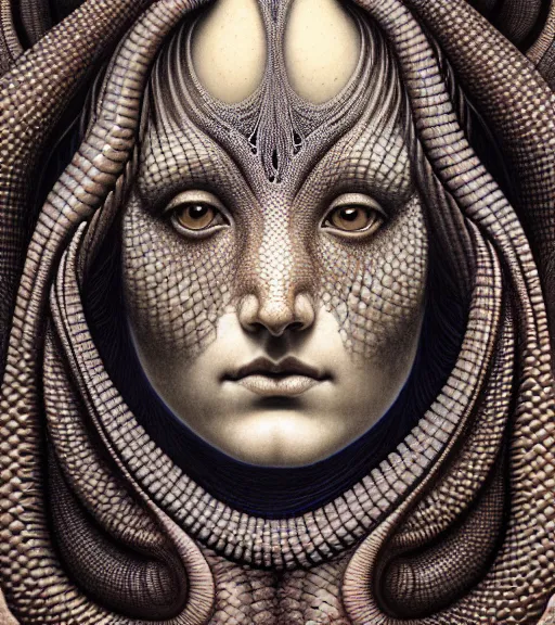 Prompt: detailed realistic beautiful serpent goddess face portrait by jean delville, gustave dore, iris van herpen and marco mazzoni, art forms of nature by ernst haeckel, art nouveau, symbolist, visionary, gothic, neo - gothic, pre - raphaelite, fractal lace, intricate alien botanicals, ai biodiversity, surreality, hyperdetailed ultrasharp octane render