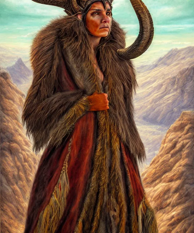 Prompt: a detailed horned antelopewoman stands among the mountains. wearing a ripped mantle, robe. perfect faces, extremely high details, realistic, fantasy art, solo, masterpiece, soft colors and lighting, art by daniel e. greene, johannen voss, zoey frank, vincent desiderio