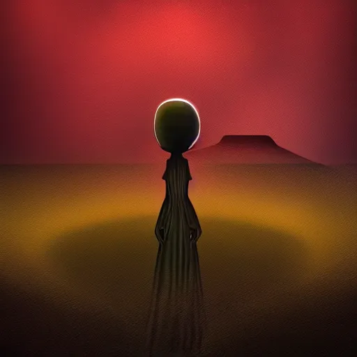 Image similar to creepy unsettling distant otherworldly being staring directly into the camera in an alien landscape, abstract art, surreal, horror, minimalist, retrofuturism, digital art