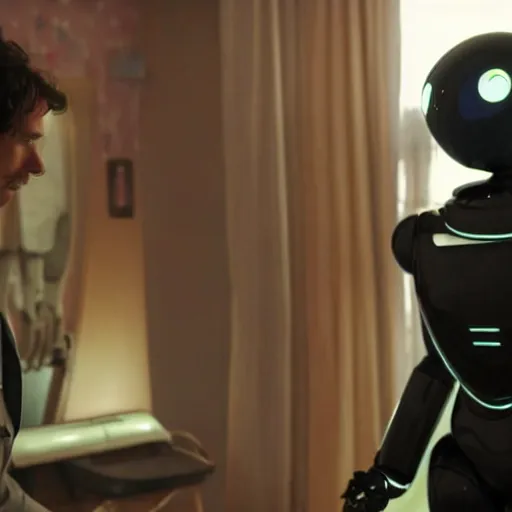 Image similar to movie still of a man and a robot in a moment of jealousy, movie by edgar wright