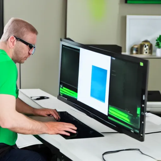 Prompt: caucasian man with green shirt sitting in front of computer with large webcam mounted on top