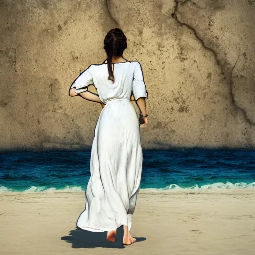 Image similar to a girl with long white long dress walking in white sand beach some crows around her by egon schiele and michael angelo, baroque, neo Gothic,matte painting, baroque detailes,photo real,concept art,highly detailed,sharp lines, hdri, 4k