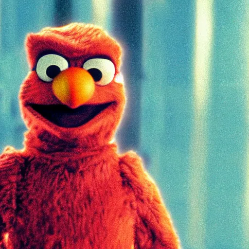 Prompt: film still of Elmo in The Matrix, full-shot, 4k