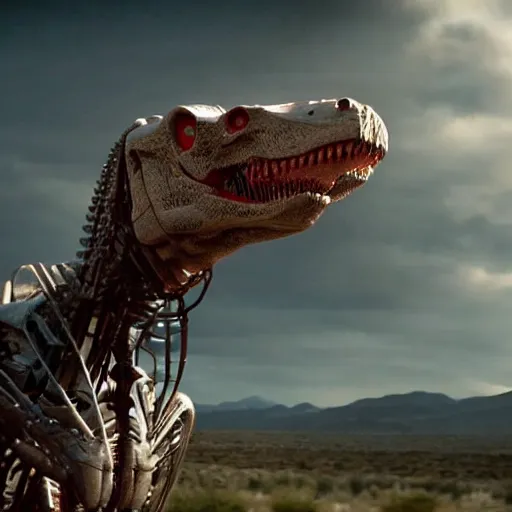 Image similar to cinematic still of westworld, si - fi robotic tyrannosaurus rex, highly detailed