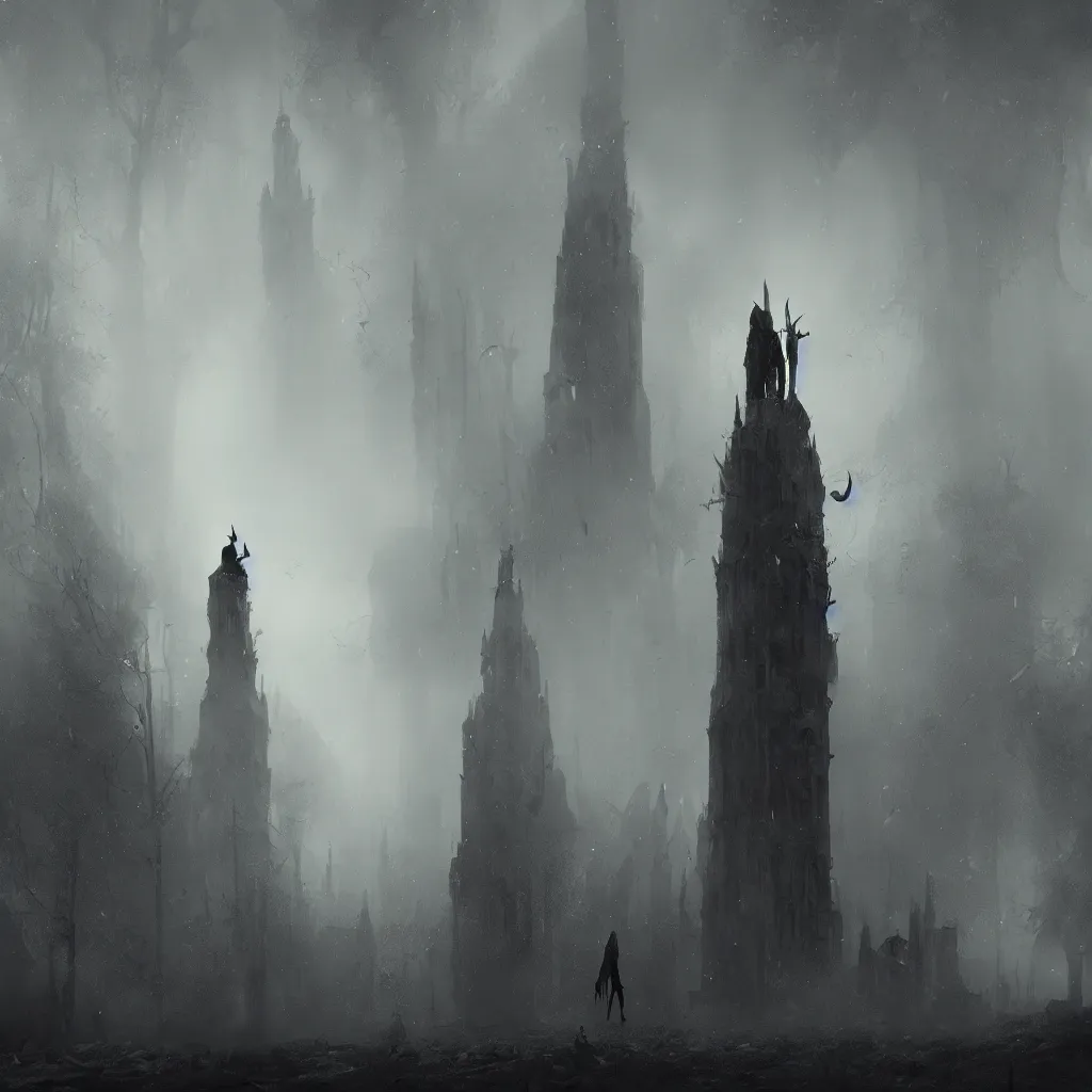 Prompt: devil, scary, magical area, foggy area, by greg rutkowski, sharp focus, man standing, tower