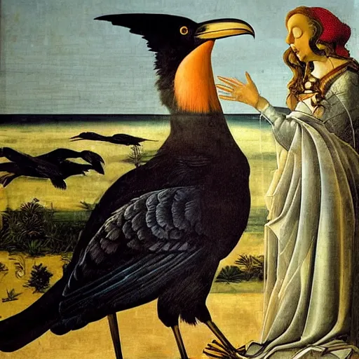 Prompt: high quality oil painting by botticelli, a raven bird standing on an open scallop shell, the wind of god zerphyr blows on it from the left