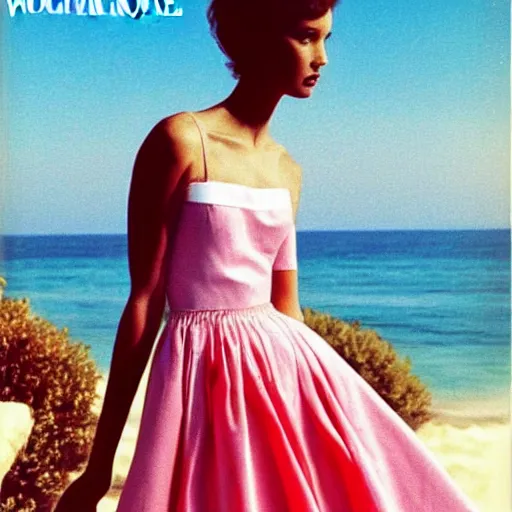 Prompt: 1 9 9 5 italia vogue magazine photo of a dress with cotton underskirt set, christian dior style, mediterranean beach background, refracted color lines, night, flash photography